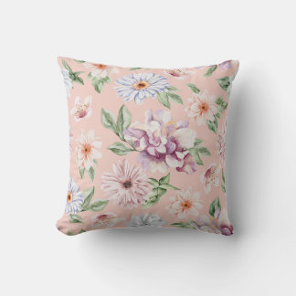Dusty Pink Watercolor Lavender and Peach Floral Throw Pillow