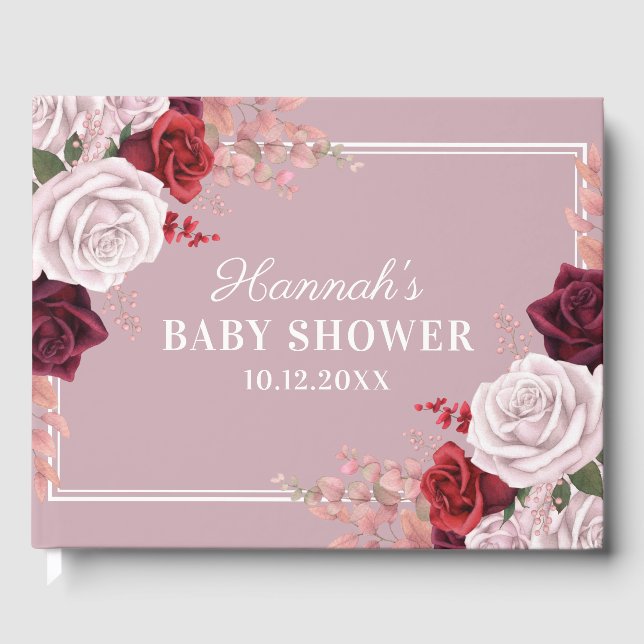 Dusty Pink Watercolor Roses Baby Shower Guest Book (Front)