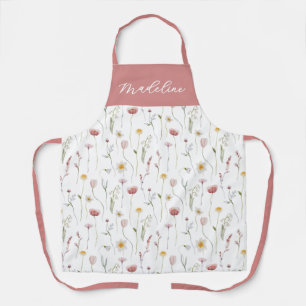 Dusty Pink Watercolor Wildflower Custom Name Apron