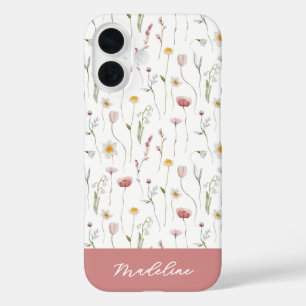 Dusty Pink Watercolor Wildflower Name iPhone 16 Case