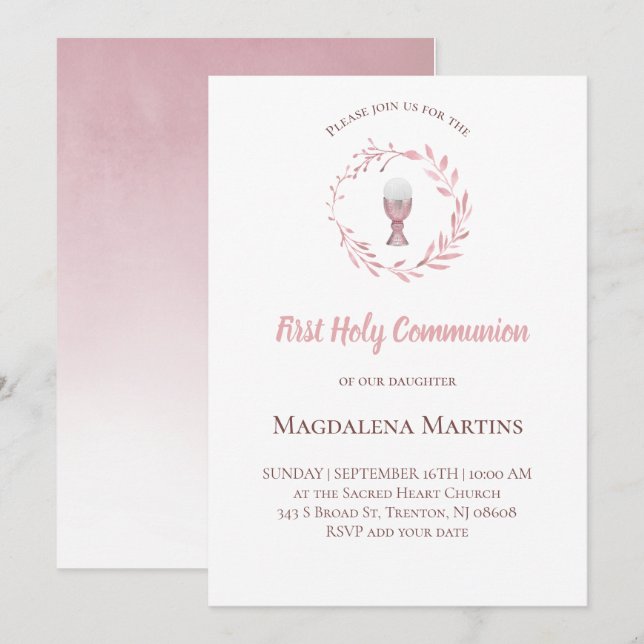 dusty pink  watercolor wreath  first communion invitation (Front/Back)