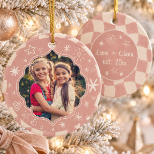 Dusty Pink Wavy Chequerboard Best Friends Photo Ceramic Ornament