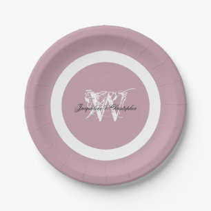 Dusty Pink Wedding Chic White Monogram & Details Paper Plate