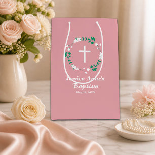 Dusty Pink White Cross Floral Crest Baptism Medium Gift Bag