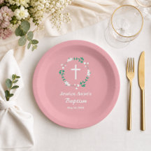 Dusty Pink White Cross Floral Crest Baptism 