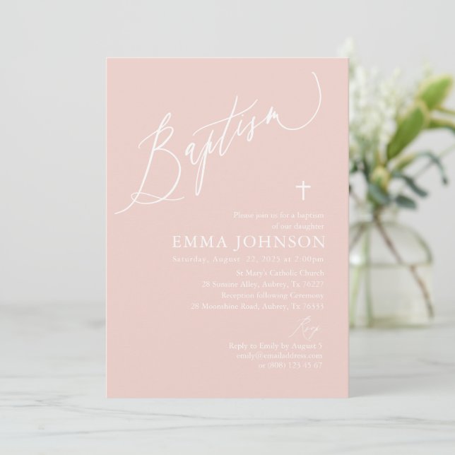 Dusty Pink White Cross Girl Baptism Invitation (Standing Front)
