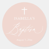 Dusty Pink White Cross Girl Baptism Round Sticker