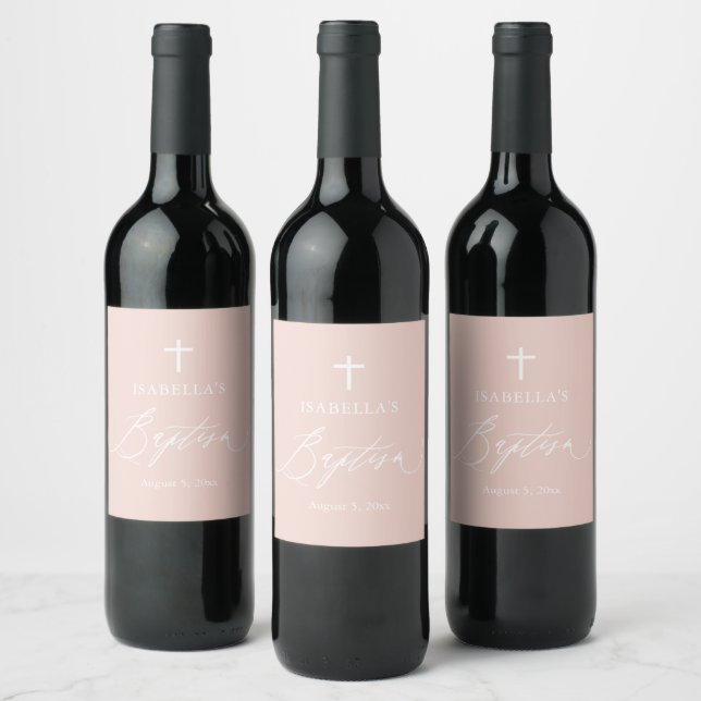 Dusty Pink White Cross Girl Baptism Wine Label (Bottles)