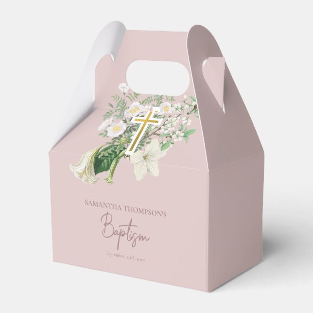 Dusty Pink White Floral Religious Cross Baptism Favor Box (Front Side)