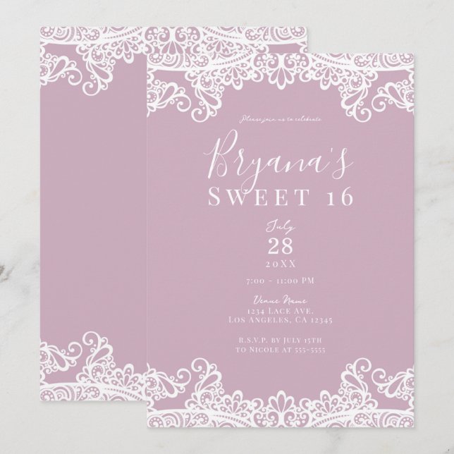 Dusty Pink & White Lace Elegant Sweet 16 Party    Invitation (Front/Back)