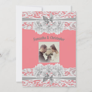 Dusty pink white lace wedding photo invitation