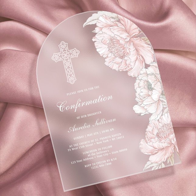 Dusty Pink White Peonies Arch Confirmation Acrylic Invitations (Creator Uploaded)