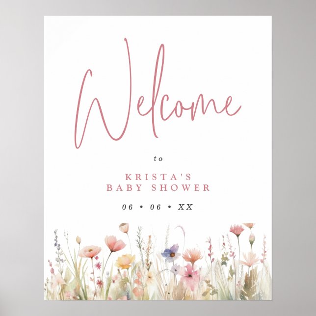 Dusty Pink Wild Flowers Baby Shower Welcome Poster (Front)