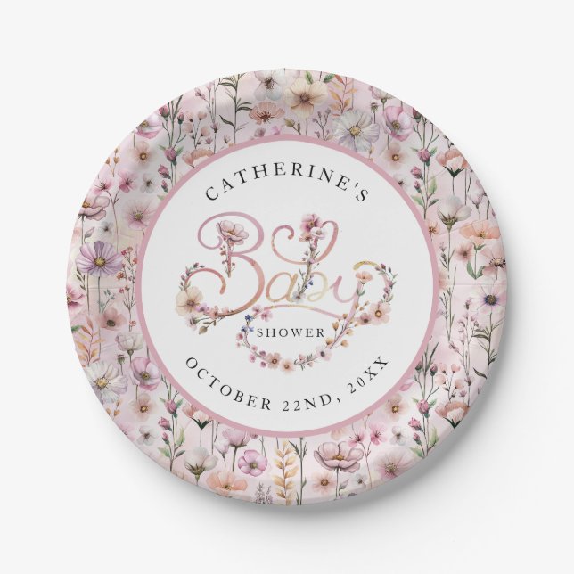 Dusty Pink Wildflower Baby Shower Plates – Boho Fl (Front)