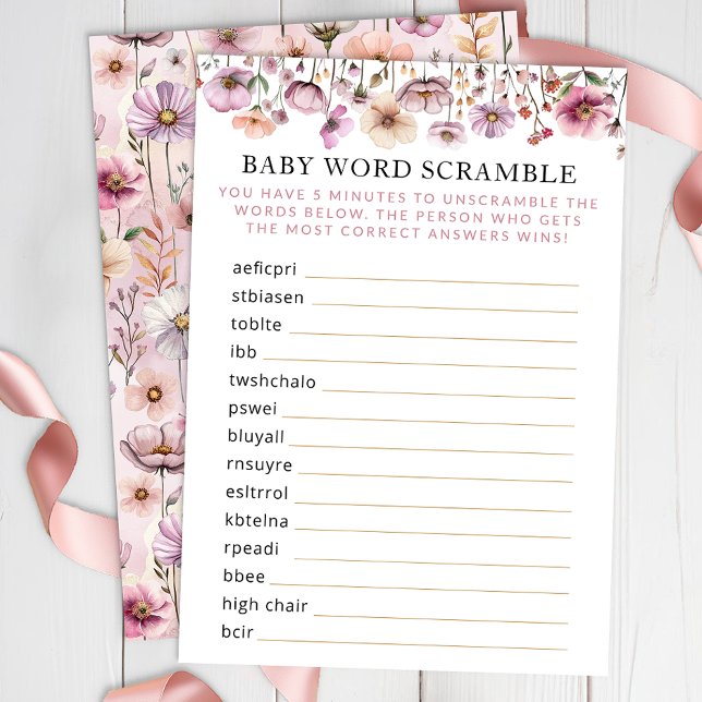 Dusty Pink Wildflower Baby Word Scramble – Boho Fl Enclosure Card (Baby Word Scramble)