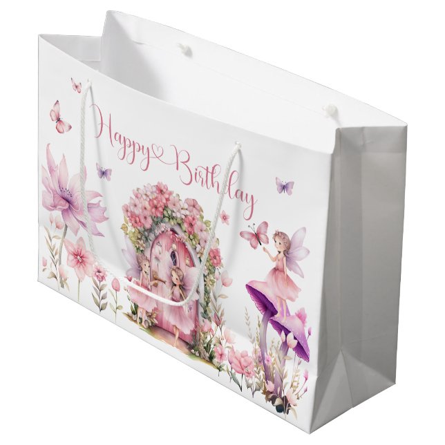 Dusty Pink Wildflower Fairy Birthday Party Large Gift Bag (Front Angled)