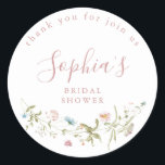 Dusty Pink Wildflower Rustic Boho Bridal Shower  Classic Round Sticker<br><div class="desc">Elegant delicate watercolor wildflower wreath frames your event details. Pastel palettes of soft blush pink, off white, beige, dusty blue, and botanical greenery, simple and romantic. Great something blue bridal shower favour stickers for modern rustic baby shower, country garden bridal shower, and dusty blue boho party in spring and summer....</div>