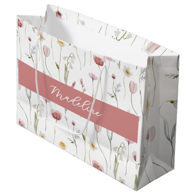 Dusty Pink Wildflower Watercolor Monogram Name Large Gift Bag (Front Angled)