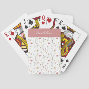 Dusty Pink Wildflower Watercolor Monogram Name Playing Cards
