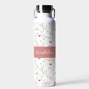 Dusty Pink Wildflower Watercolor Monogram Name Water Bottle