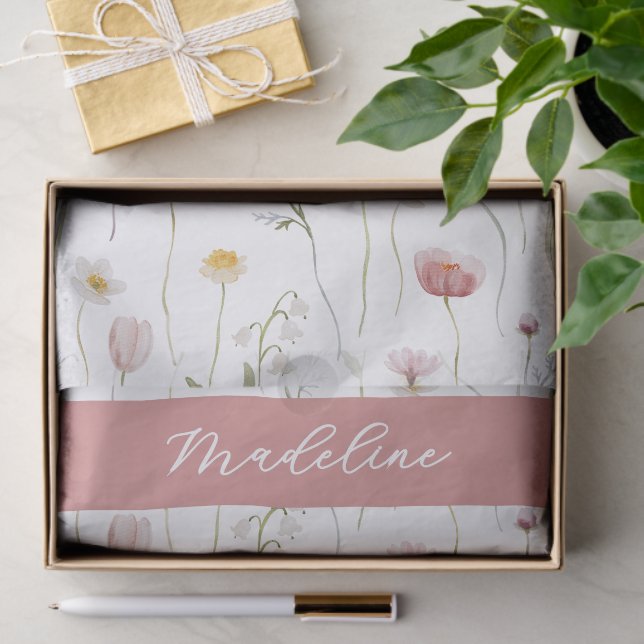 Dusty Pink Wildflower Watercolor Monogram Tissue Paper (Gift)