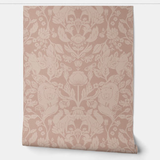 Dusty Pink Woodland Block Print Damask Wallpaper