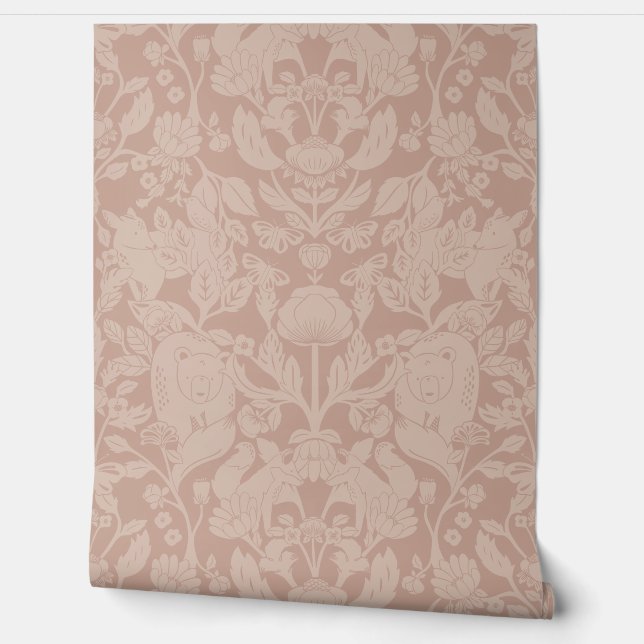 Dusty Pink Woodland Block Print Damask Wallpaper (Unrolling)