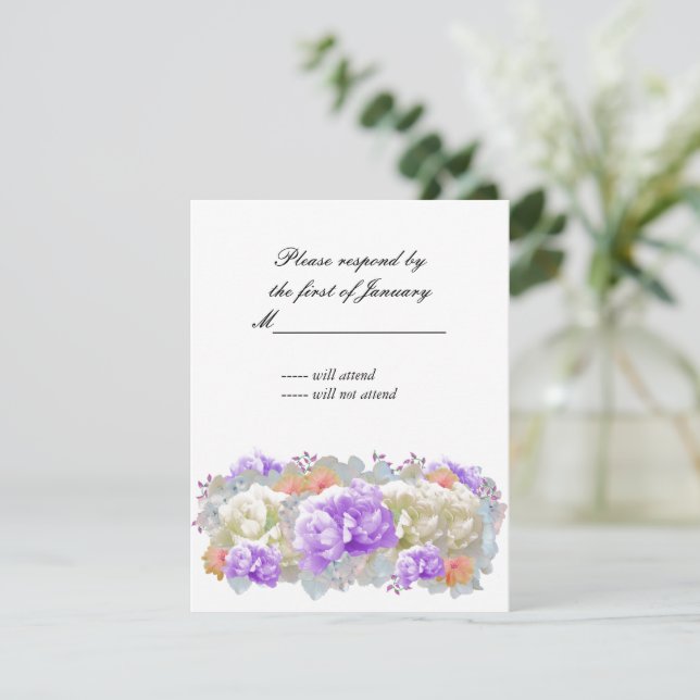 Dusty Plum and Apricot Peonies Reply Card (Standing Front)