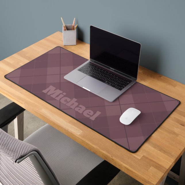 Dusty Plum Burgundy Plaid with Bold Name Desk Mat (Office 2)