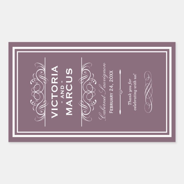 Dusty Plum Elegant Wedding Monogram Wine Bottle Sticker (Front)