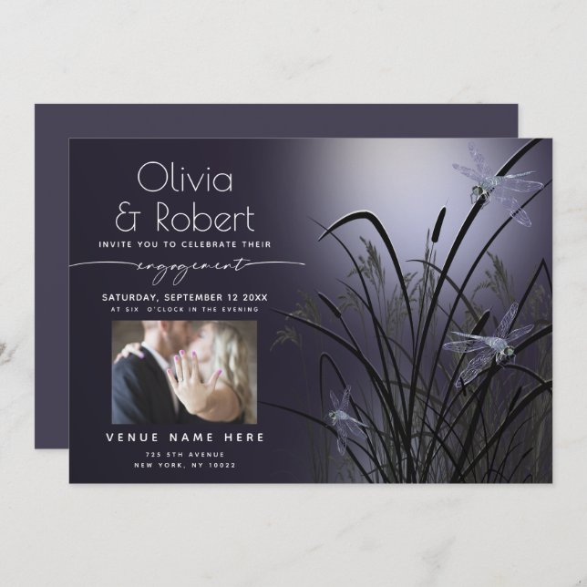 Dusty Plum Glow Engagement Moonlight Dragonfly Invitation (Front/Back)