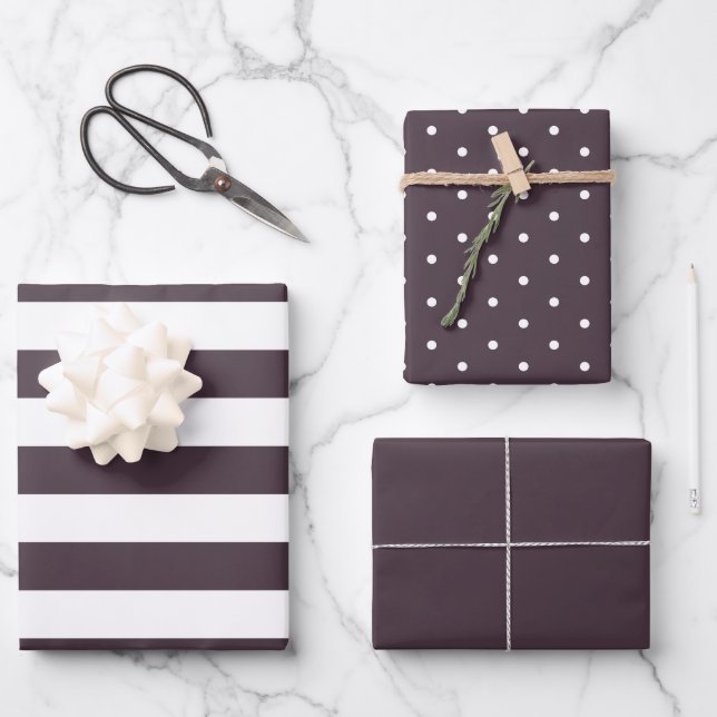 Dusty Plum Polka Dot Wide Striped and Solid Wrapping Paper Sheet (Front)