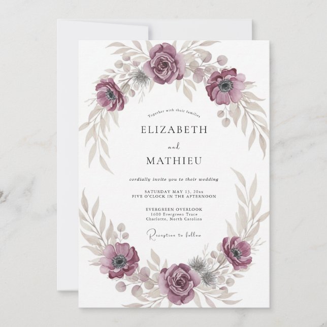 Dusty Plum Refined Botanical Wedding Invitation (Front)
