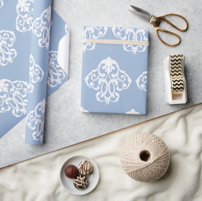 Dusty Powder Blue White Ornament Pattern Wrapping Paper (Crafts)