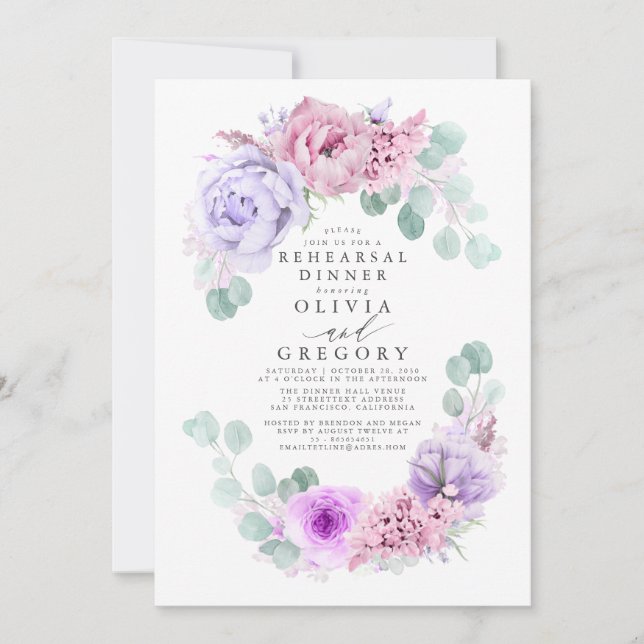 Dusty Purple and Pink Floral Rehearsal Dinner Invitation (Front)