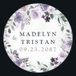 Dusty Purple and Silver Grey Floral Rustic Wedding Classic Round Sticker<br><div class="desc">Design features elegant watercolor floral elements in various shades of dusty purples,  dark plum and more. Design also features various types of rustic greenery and branches with subtle silver grey watercolor splashes for added style.</div>
