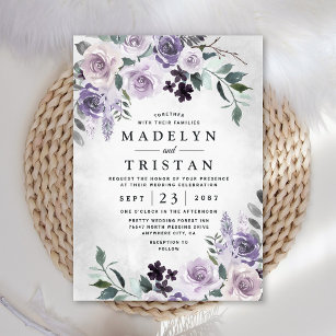 Dusty Purple and Silver Grey Floral Rustic Wedding Invitation