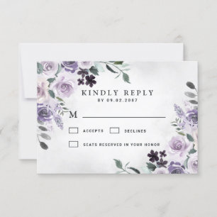 Dusty Purple and Silver Grey Floral Rustic Wedding RSVP Card