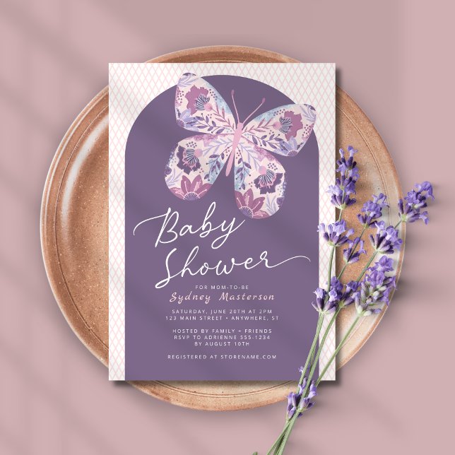 Dusty Purple Arch Butterfly Baby Shower Invitation (Shown on a 5" x 7" card)