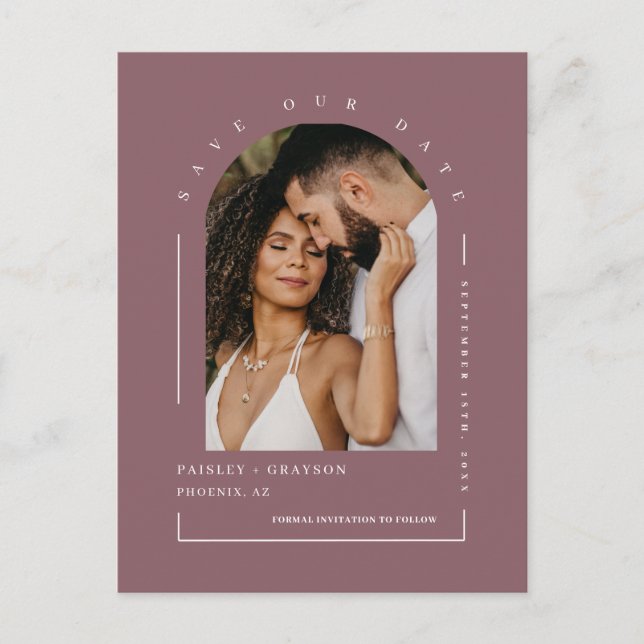 Dusty Purple Boho Arch Photo QR Code Save Our Date Postcard (Front)