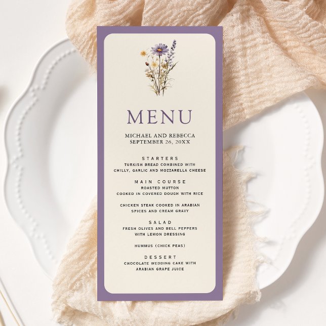 Dusty Purple Boho Wildflower Wedding Menu (Creator Uploaded)