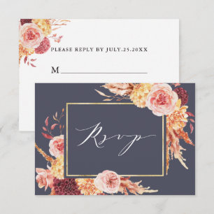 Dusty Purple Burgundy Terracotta Floral Wedding RSVP Card