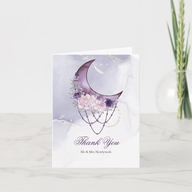 Dusty Purple Celestial Crescent Moon Watercolor Thank You Card (Front)