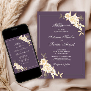 Dusty Purple Cream Floral Branch Muslim Wedding Invitation