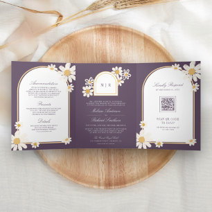 Dusty Purple Cream Yellow Daisy All in One Wedding Tri-Fold Invitation