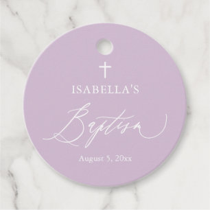 Dusty Purple Cross Girl Baptism Round Favour Tags
