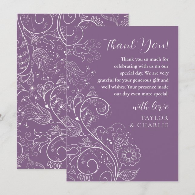 Dusty Purple Elegant Floral Wedding Thank You Card (Front/Back)
