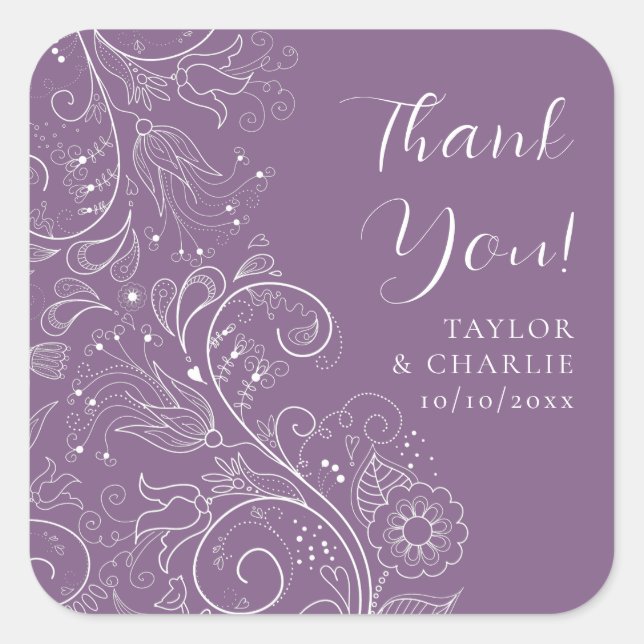 Dusty Purple Elegant Floral Wedding Thank You Square Sticker (Front)