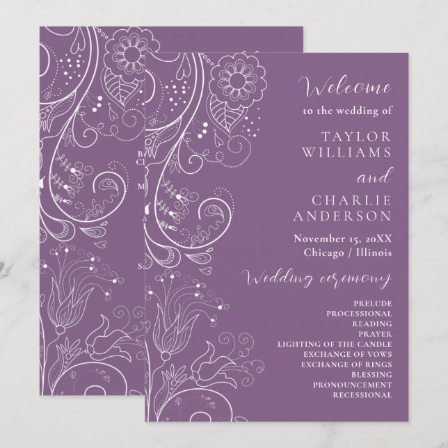Dusty Purple Élégant programme de mariage floral (Devant / Derrière)