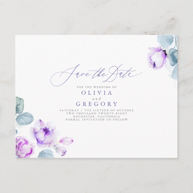 Dusty Purple Elegant Romantic Save The Date Announcement Postcard (Front)